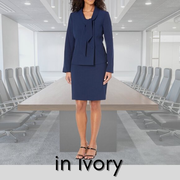 NWT - Le Suit Shawl Tied Collar 3 Button Jacket & Skirt Suit 2Pc - Ivory - 16 - Picture 5 of 14